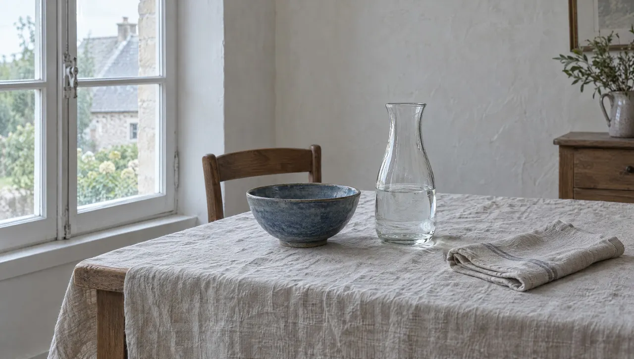 Bol en grès bleu et carafe en verre soufflé posés sur une table couverte d'une nappe en lin, près d'une fenêtre