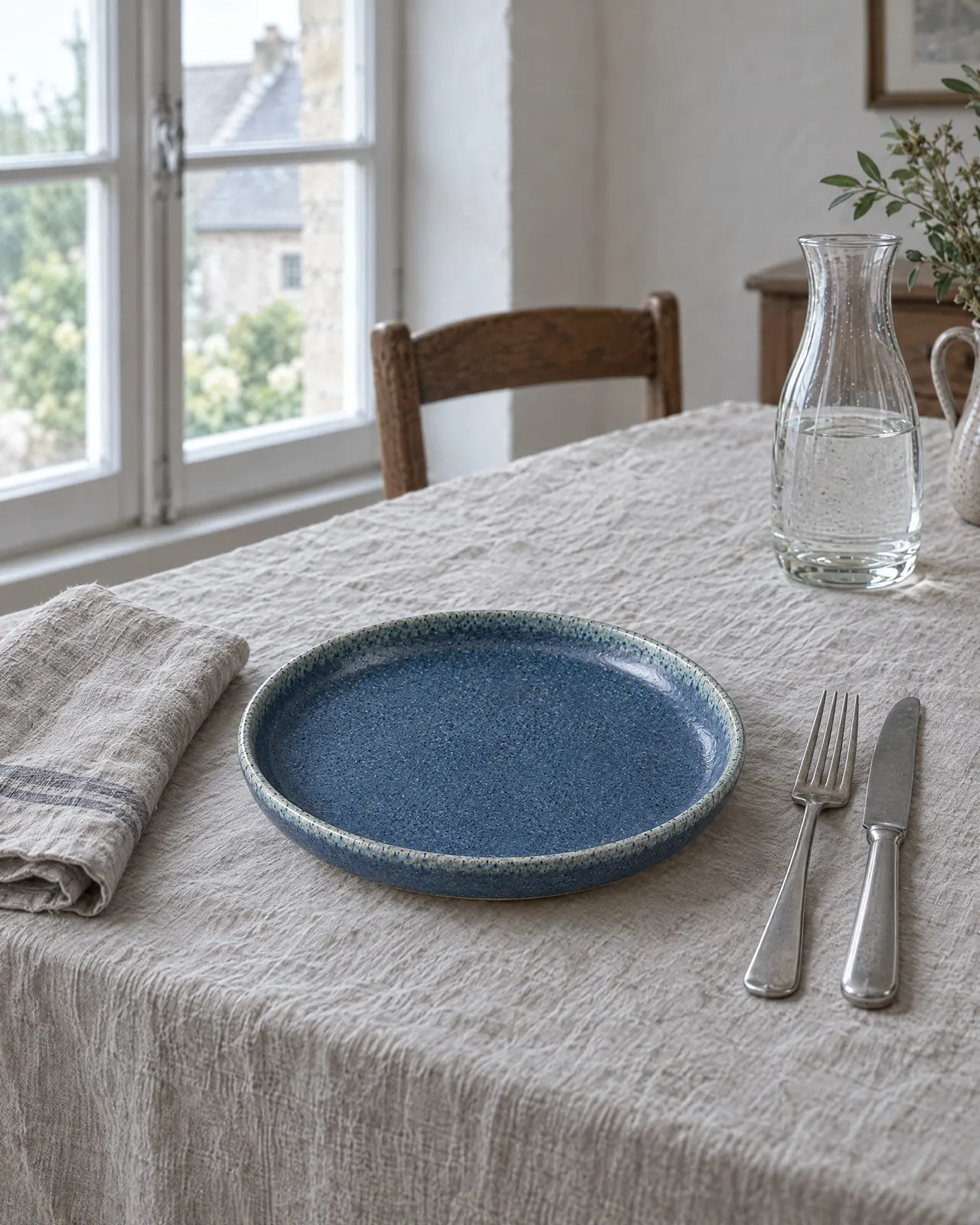 Assiette en grès bleu dressée sur une nappe en lin avec une serviette pliée