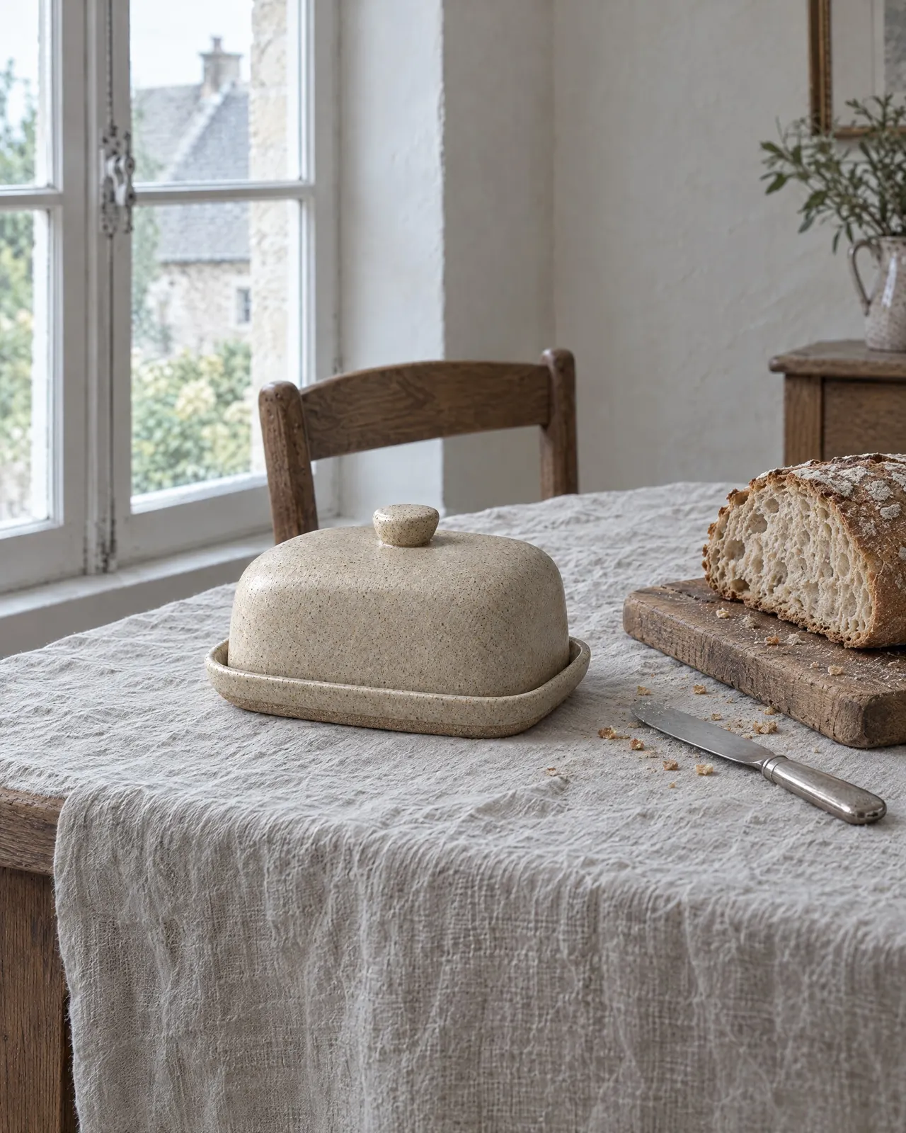 Beurrier en grès posé sur une table de petit déjeuner avec du pain et un couteau