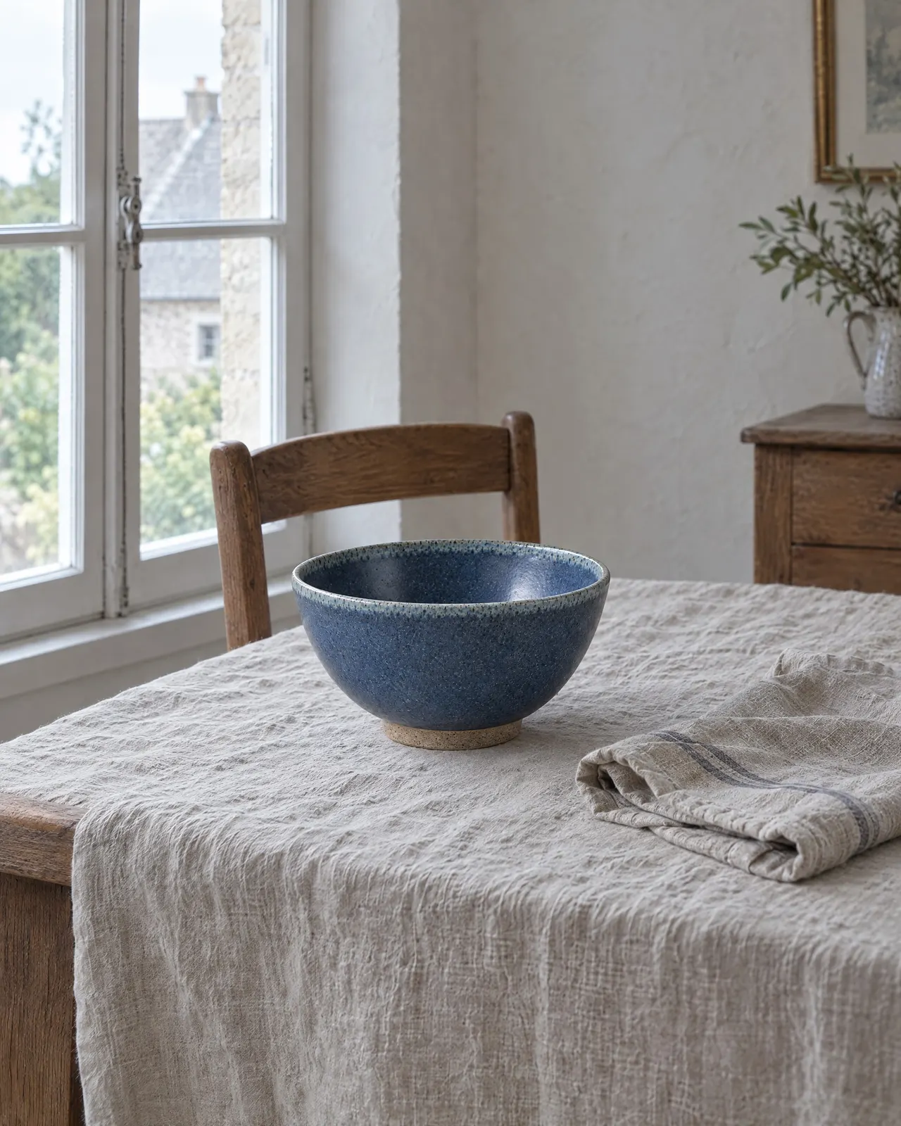 Bol en grès bleu posé sur une nappe en lin, à côté d'un torchon plié