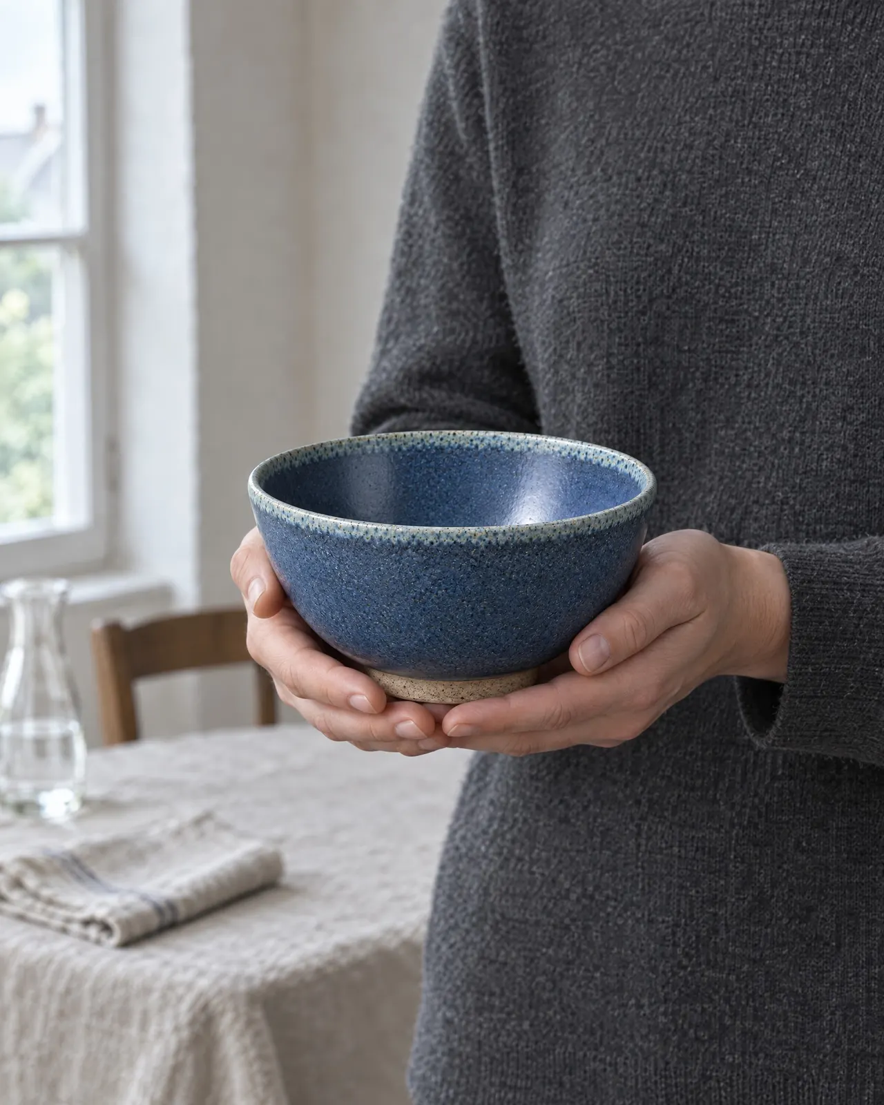 Bol en grès bleu tenu à deux mains devant une table couverte d'une nappe en lin