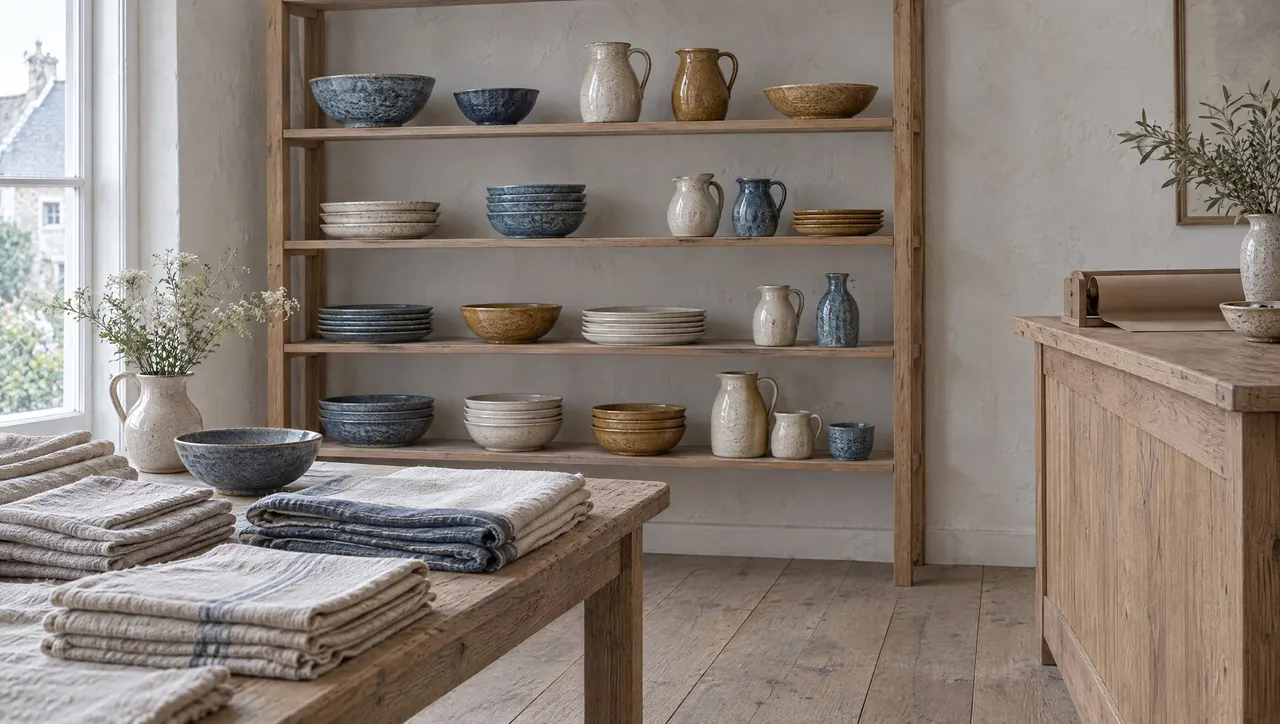 Intérieur de la boutique, étagères en chêne garnies de grès et table centrale chargée de linge plié