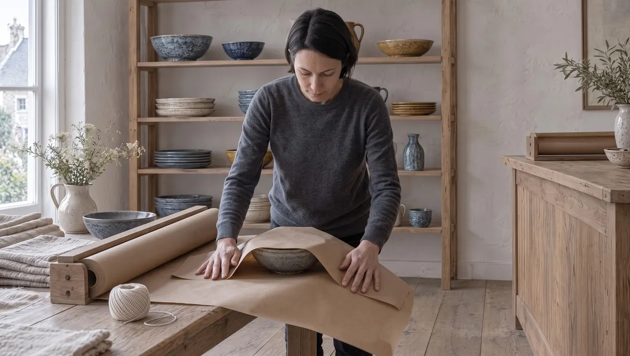 Camille replie une feuille de papier kraft autour d'un bol en grès, sur la table de la boutique, à côté du rouleau de papier et de la pelote de ficelle