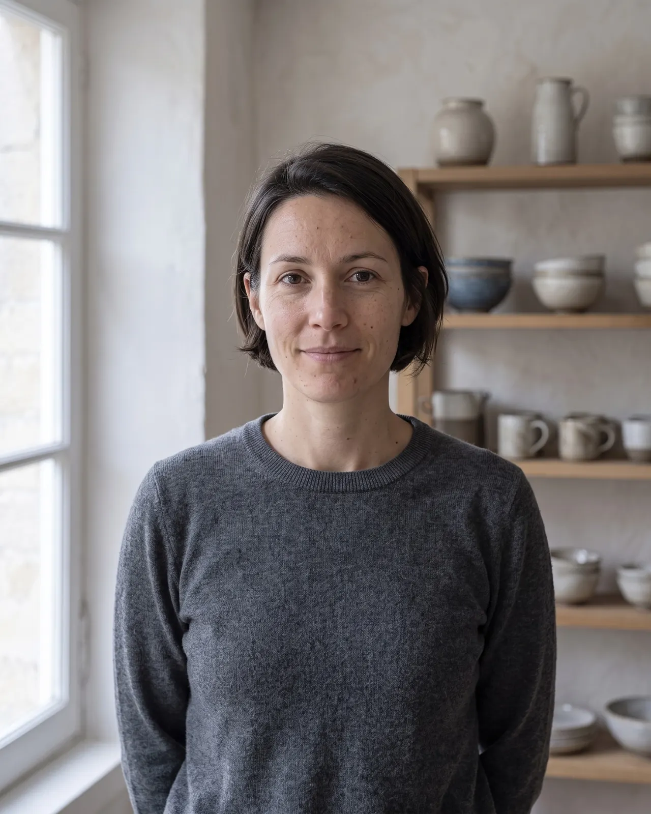 Camille, gérante du Comptoir Moderne, debout devant les étagères de grès, près de la fenêtre de la boutique