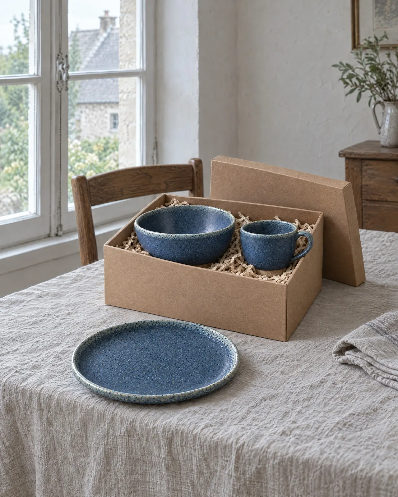 Coffret découverte grès ouvert sur une nappe en lin, l'assiette bleue sortie de la boîte