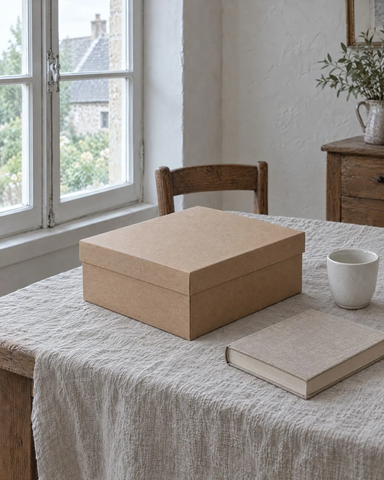 Coffret découverte grès fermé, posé sur une nappe en lin à côté d'une tasse et d'un livre