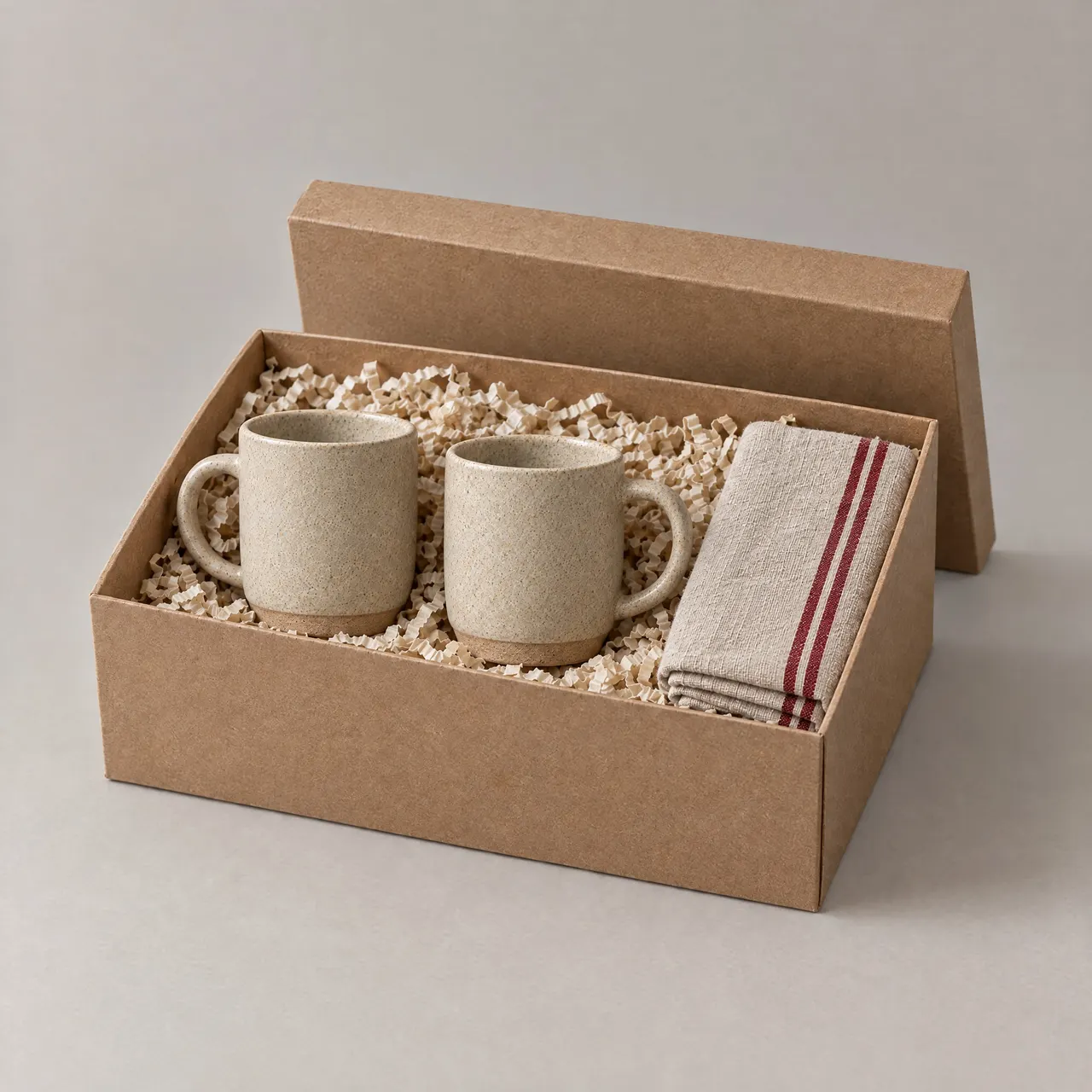Coffret petit déjeuner ouvert, deux mugs en grès et un torchon en lin dans leur boîte, sur fond gris clair