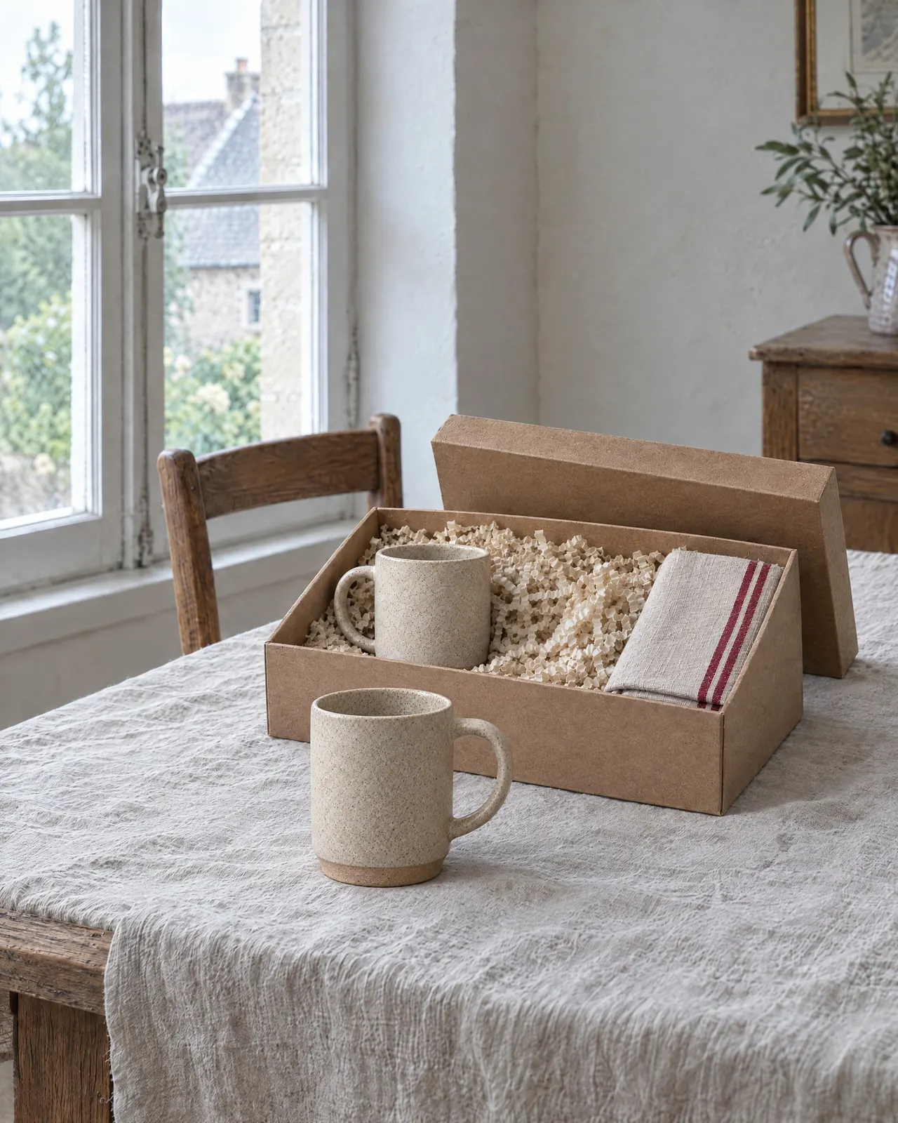 Coffret petit déjeuner ouvert sur une nappe en lin, un mug en grès sable sorti de la boîte