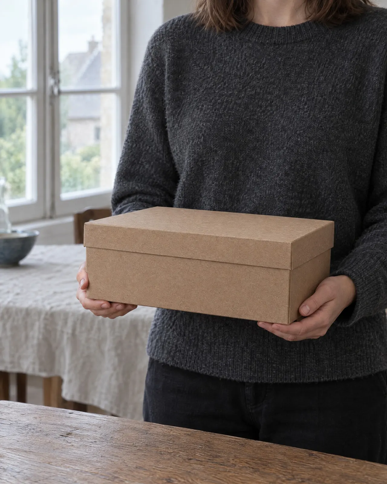 Coffret petit déjeuner fermé en carton kraft, tenu à deux mains devant une table nappée de lin