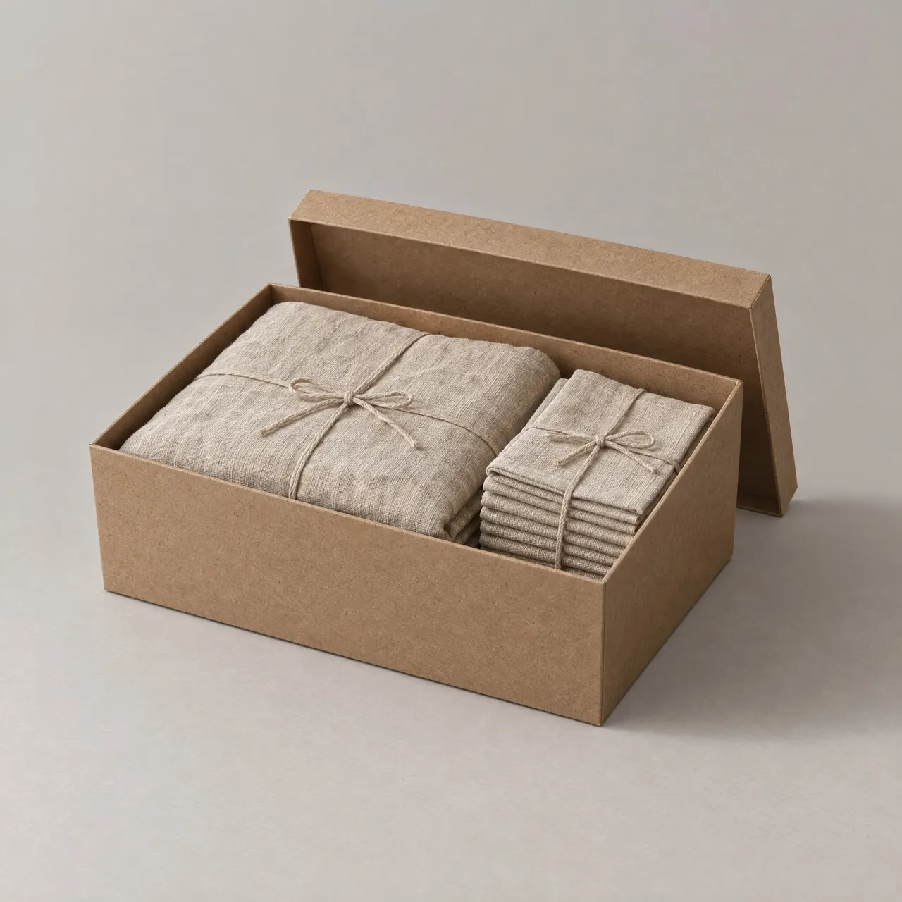Coffret table en lin ouvert, nappe pliée et serviettes empilées dans leur boîte, sur fond gris clair