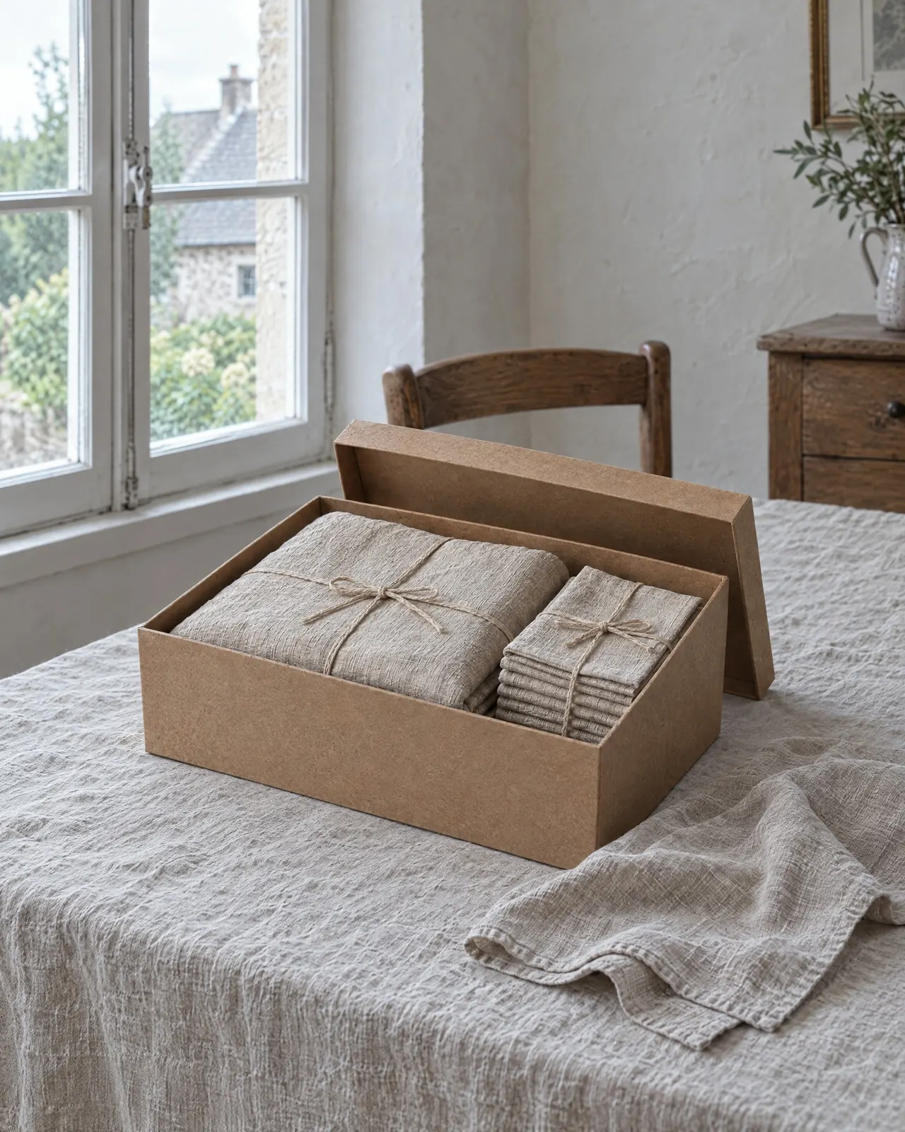 Coffret table en lin ouvert sur une nappe en lin, une serviette dépliée posée à côté