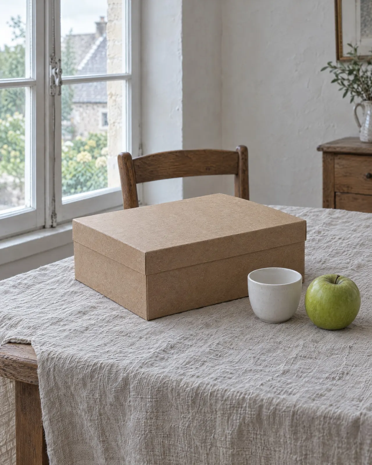 Coffret table en lin fermé, posé sur une nappe en lin à côté d'une tasse et d'une pomme verte
