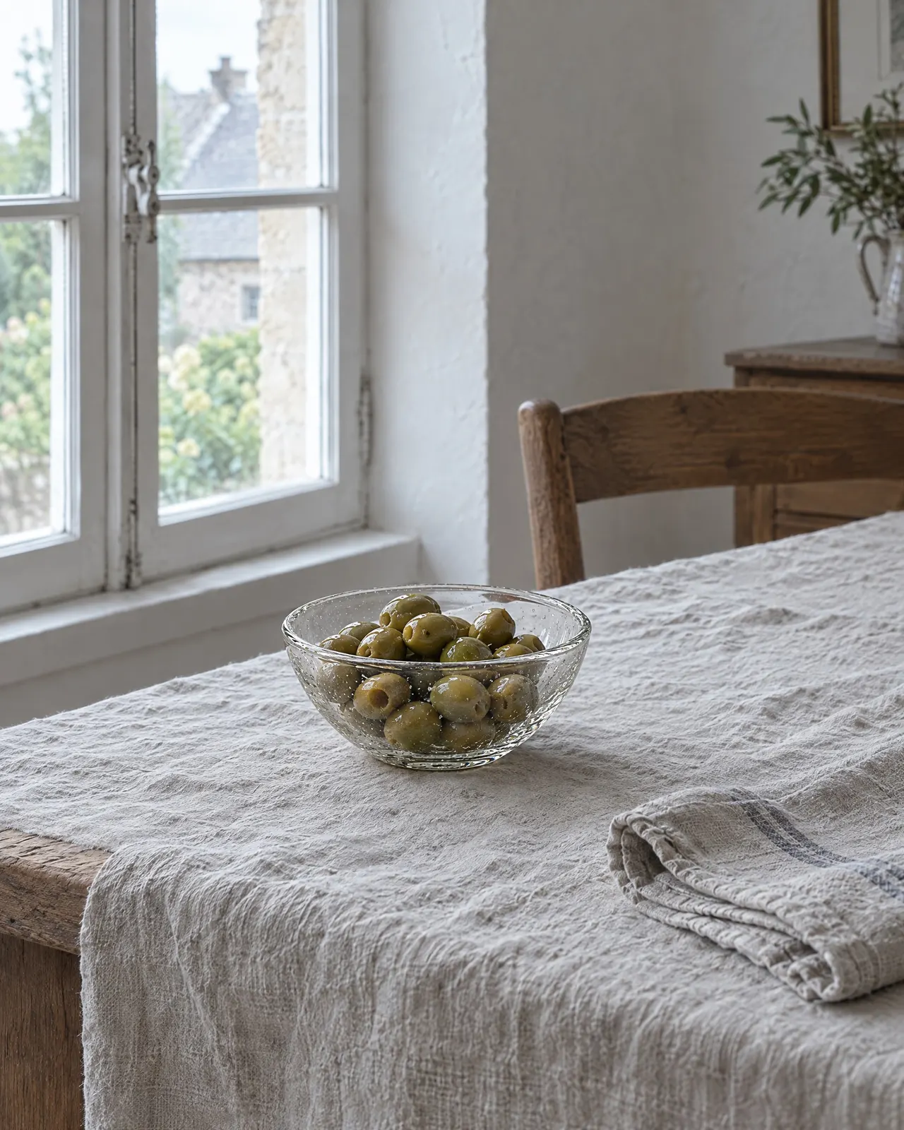 Coupelle en verre soufflé remplie d'olives sur une nappe en lin