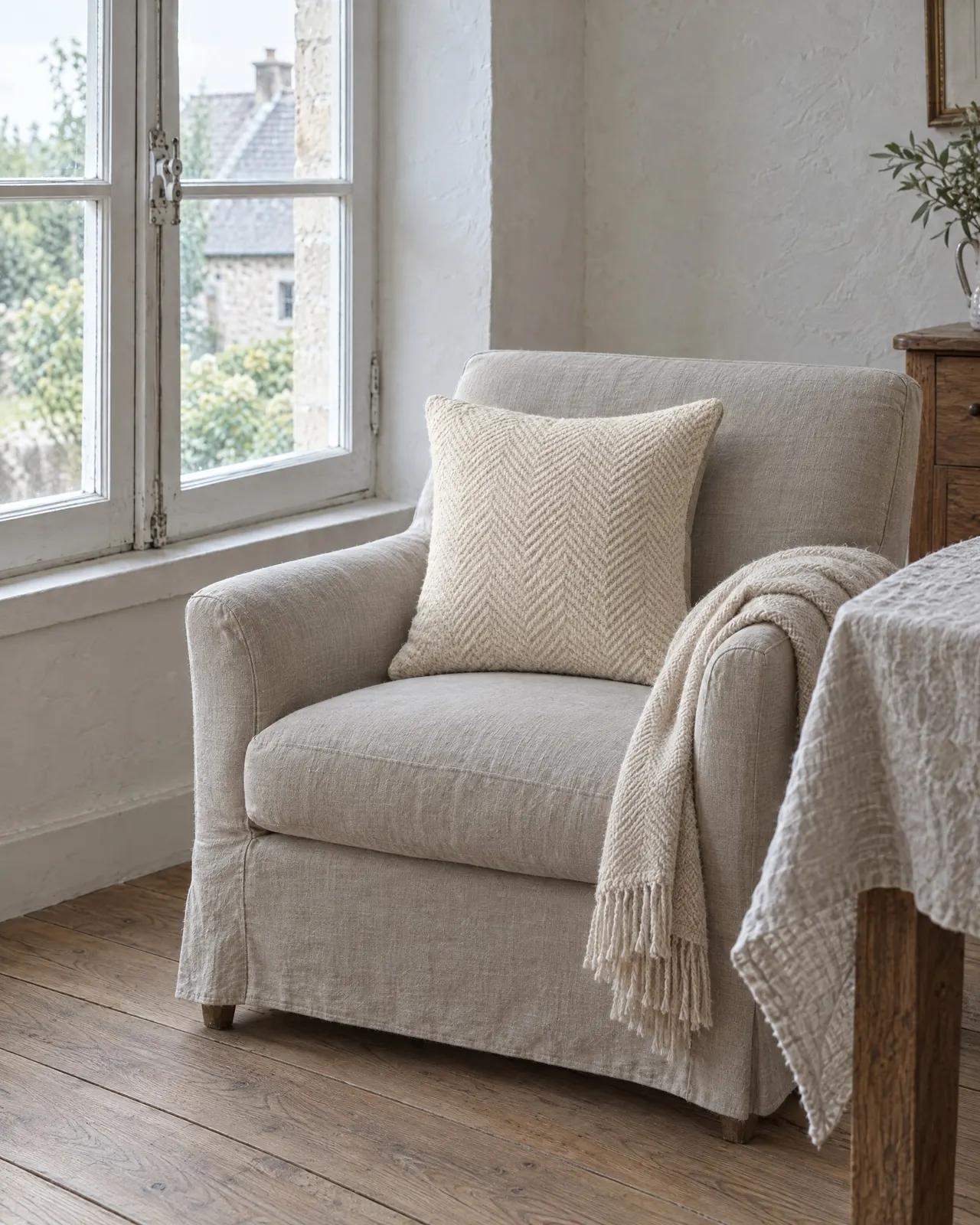 Coussin en laine tissée dans un fauteuil en lin, un plaid écru jeté sur l'accoudoir