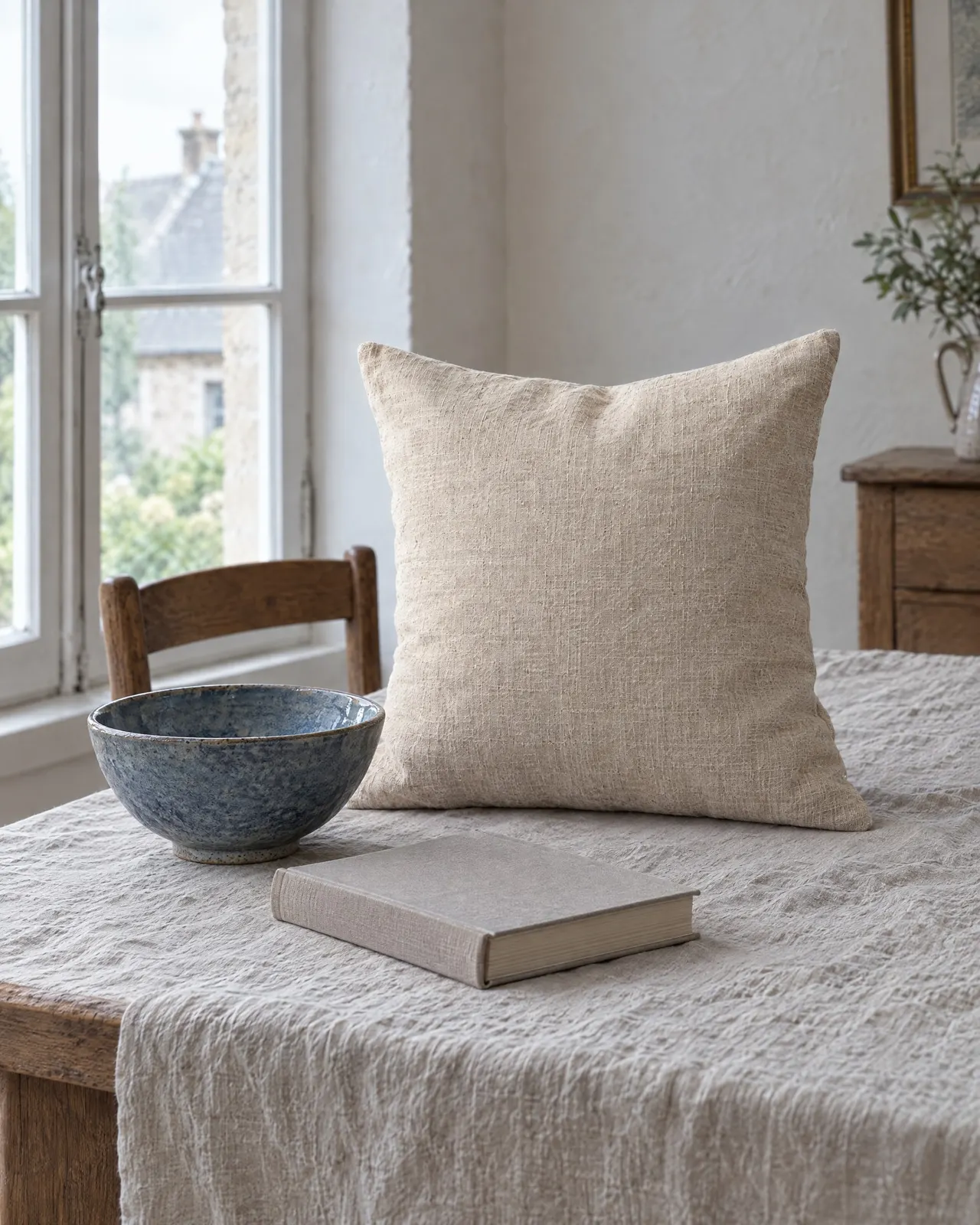 Coussin en lin lavé posé sur une nappe en lin, près d'un bol en grès bleu et d'un livre