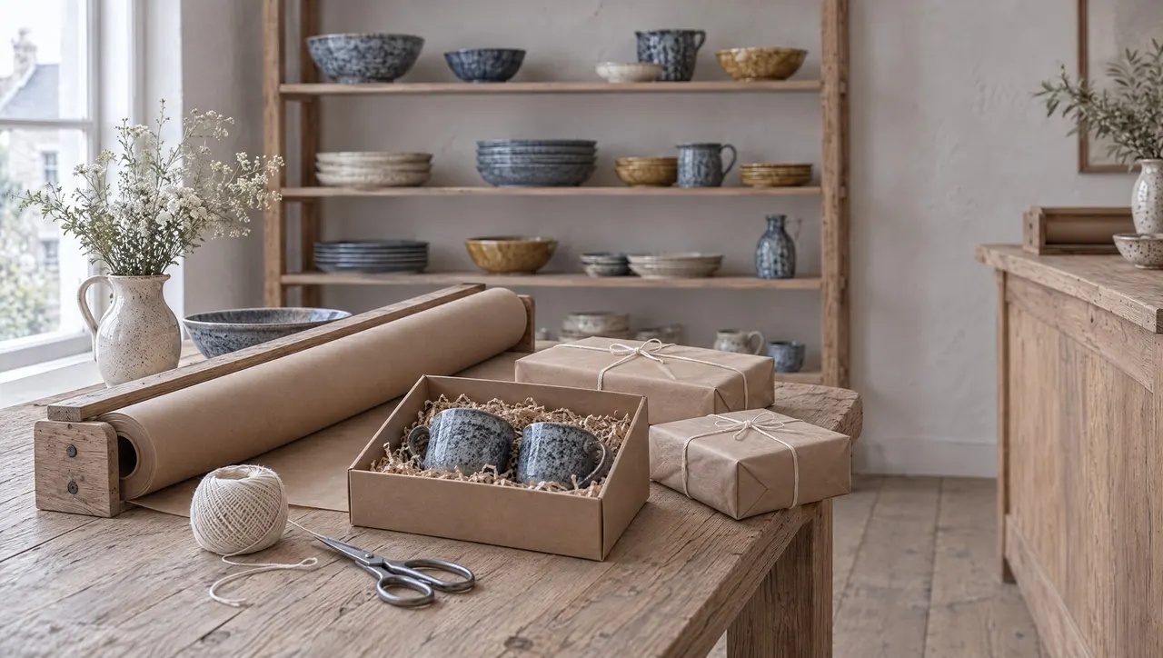 Deux paquets en papier kraft ficelés, un carton ouvert garni d'un bol en grès et de linge plié, une pelote de ficelle et des ciseaux posés sur une nappe en lin