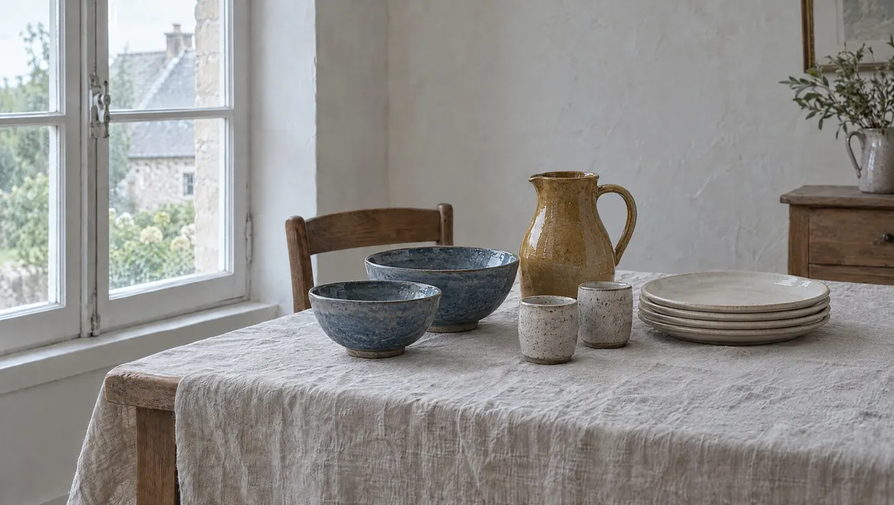 Deux bols, un pichet, deux gobelets et une pile d'assiettes en grès posés sur une table couverte d'une nappe en lin