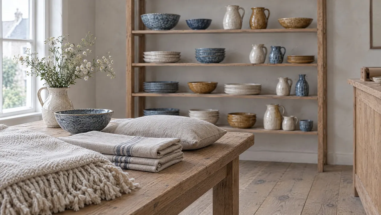 Plaid en laine écrue plié, torchon rayé et coussin en lin empilés sur une table en chêne