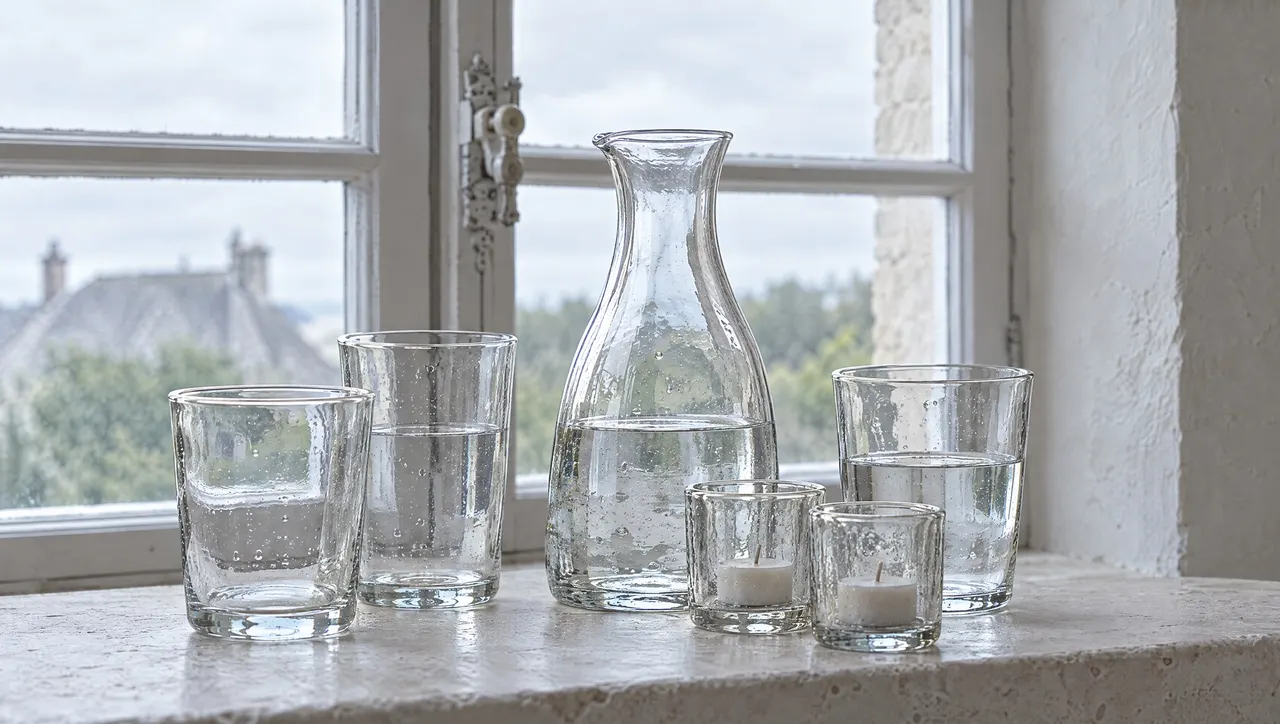Carafe, verres à eau et photophores en verre soufflé alignés sur une nappe en lin, près d'une fenêtre