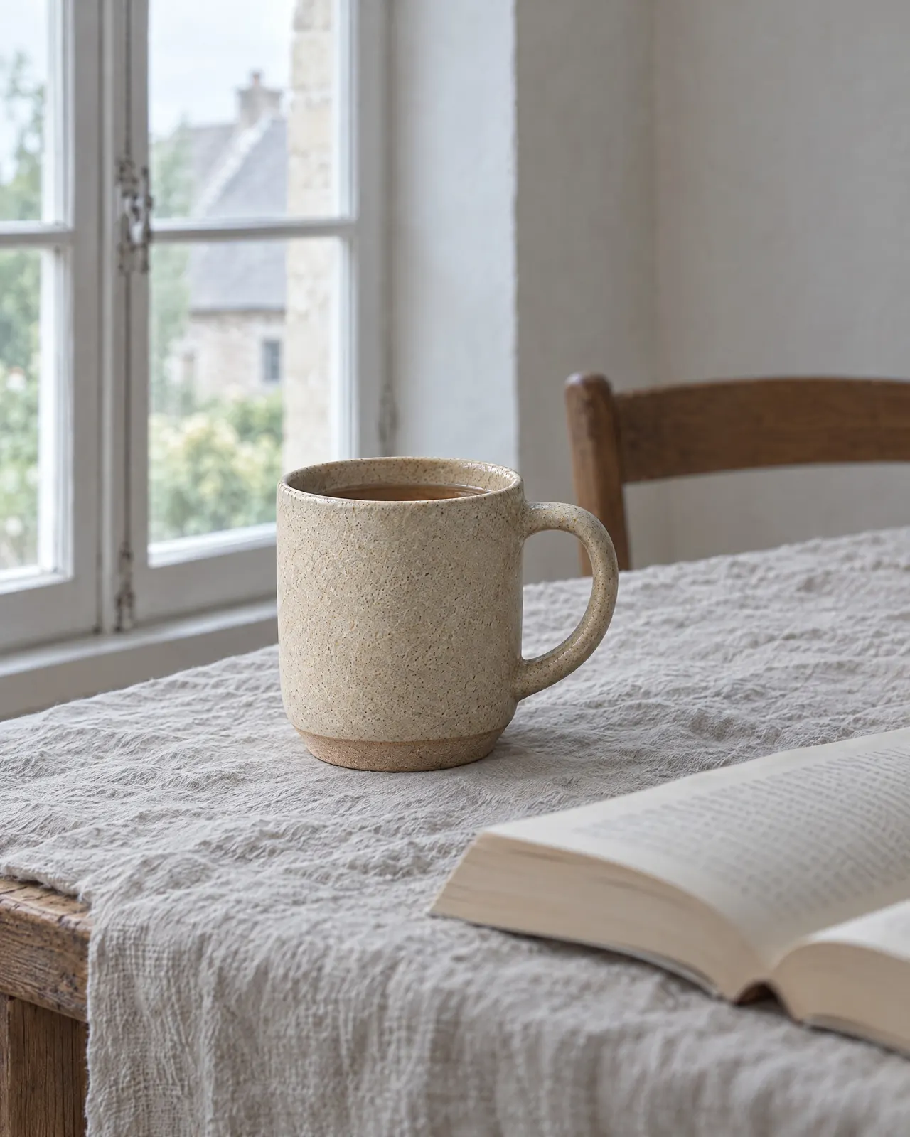 Mug en grès sable rempli de thé, posé sur une nappe en lin à côté d'un livre ouvert