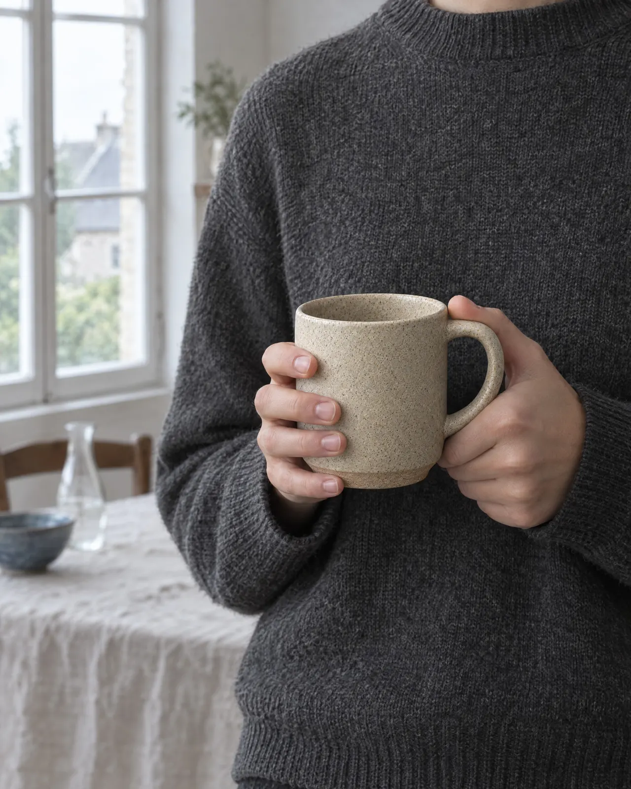 Mug en grès sable tenu à deux mains par une personne en pull gris, devant une fenêtre