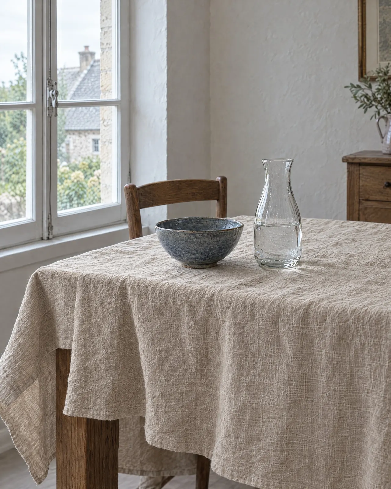 Nappe en lin naturel posée sur une grande table en chêne dressée près d'une fenêtre