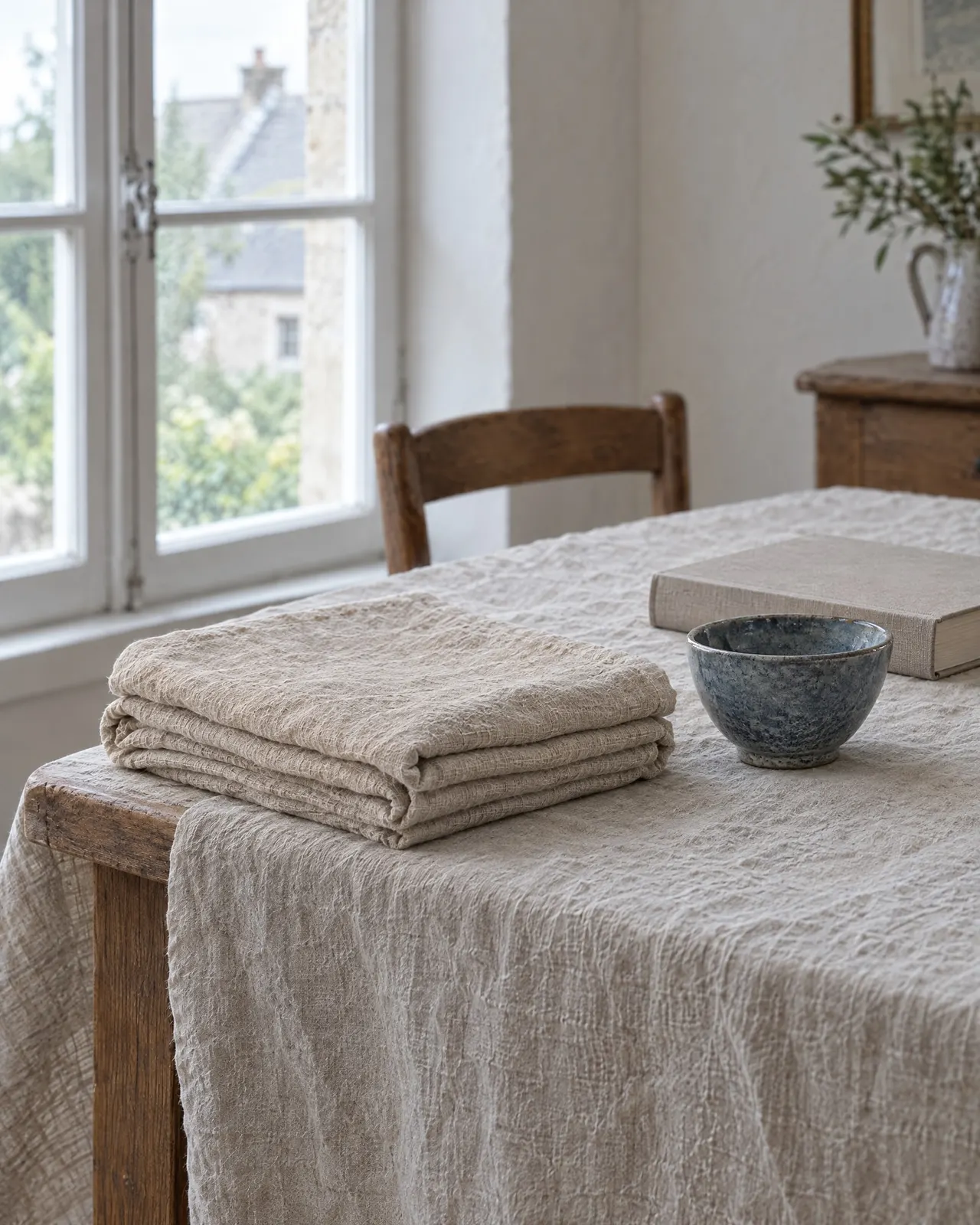 Nappe en lin naturel pliée, posée sur une table nappée près d'un bol bleu et d'un livre