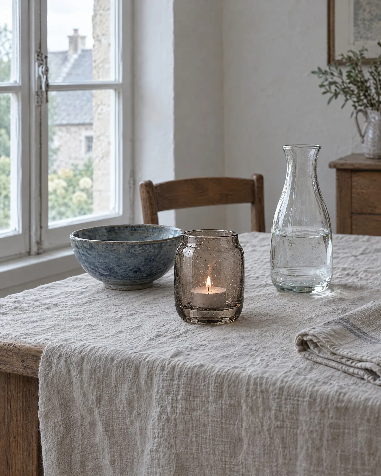 Photophore en verre fumé allumé sur une nappe en lin, entre un bol en grès bleu et une carafe