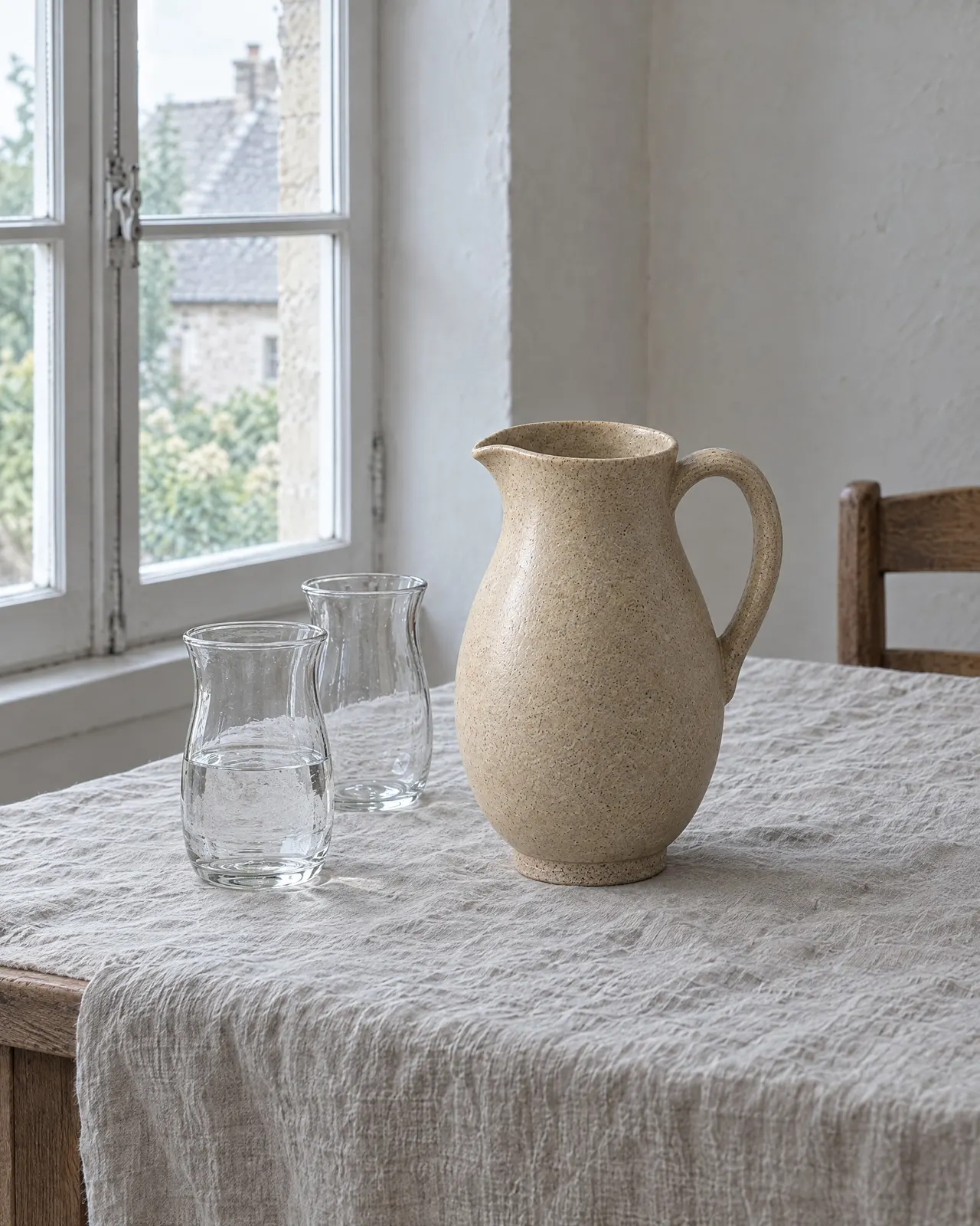 Pichet en grès sable posé sur une nappe en lin à côté de deux verres, lumière de fenêtre