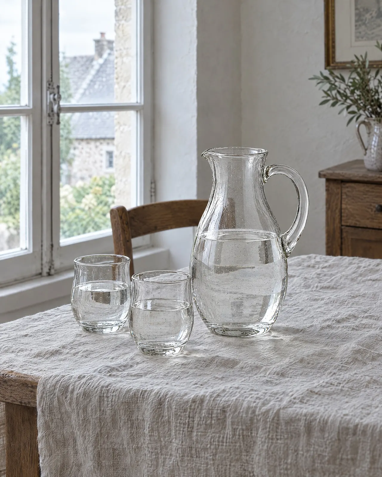 Pichet en verre soufflé rempli d'eau, posé sur une nappe en lin avec deux verres assortis