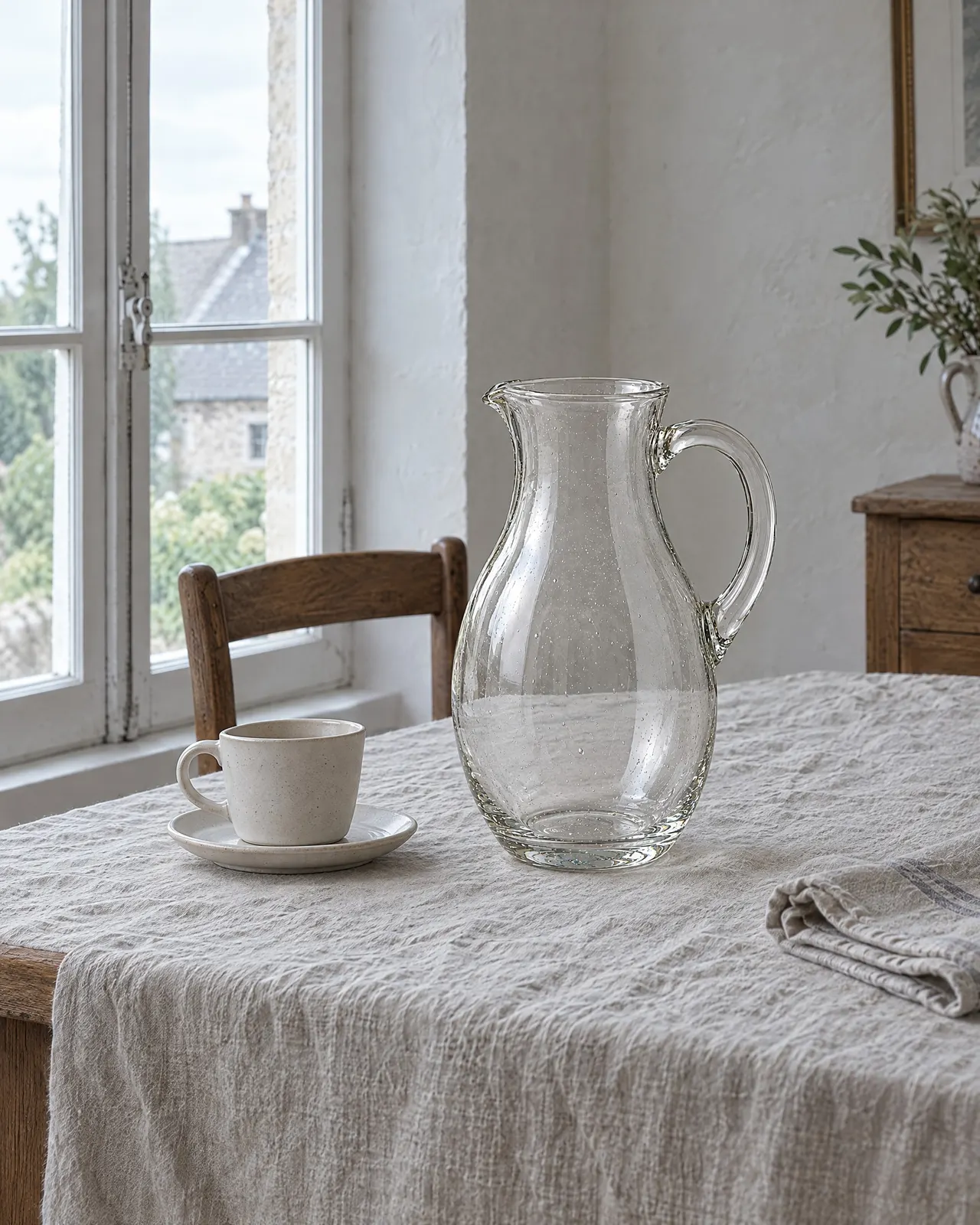 Pichet en verre soufflé posé sur une nappe en lin, près d'une tasse en grès sable sur sa soucoupe