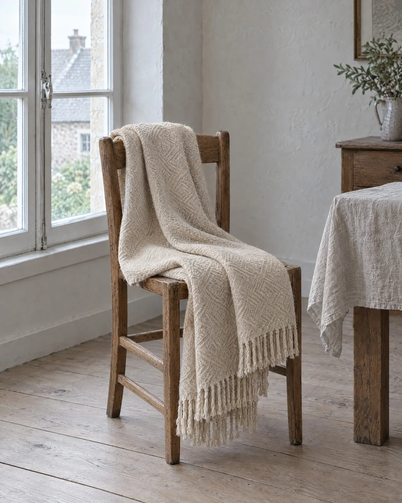 Plaid en laine écrue jeté sur une chaise en bois près de la fenêtre