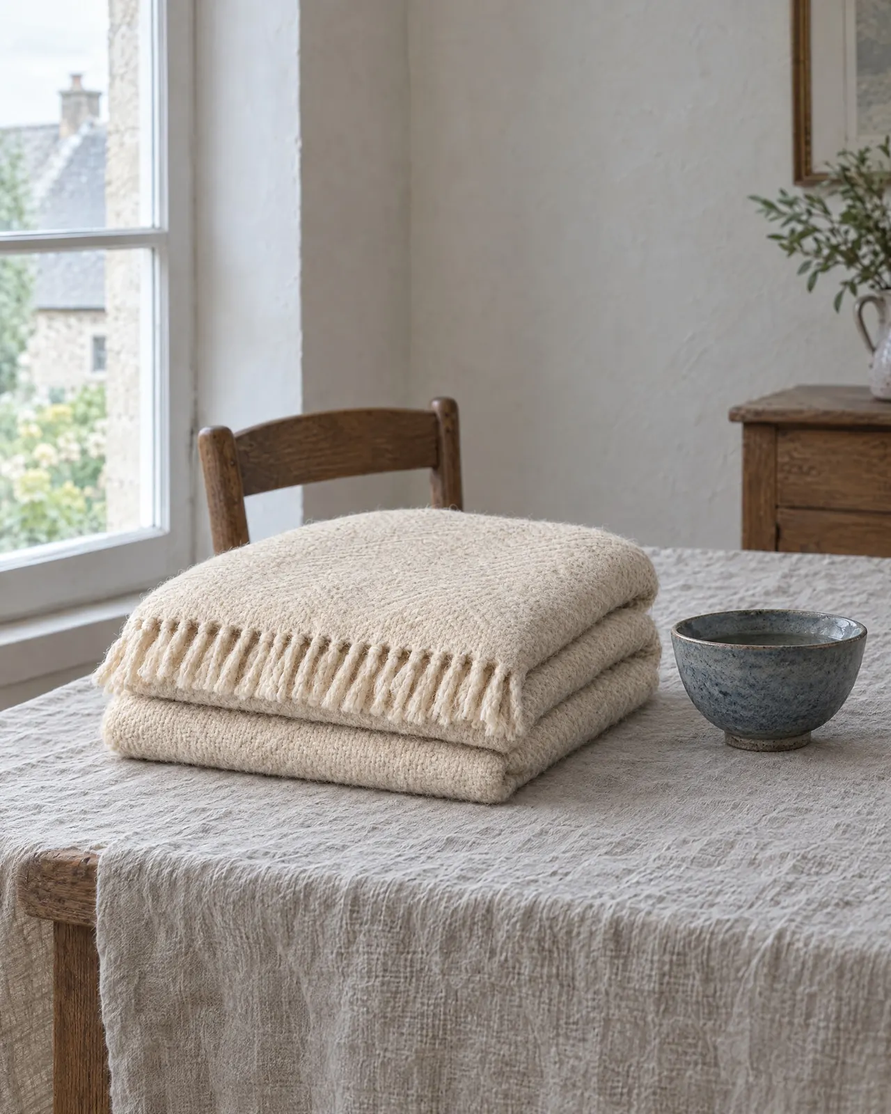 Plaid en laine écrue plié sur une table couverte d'une nappe en lin, à côté d'un bol en grès