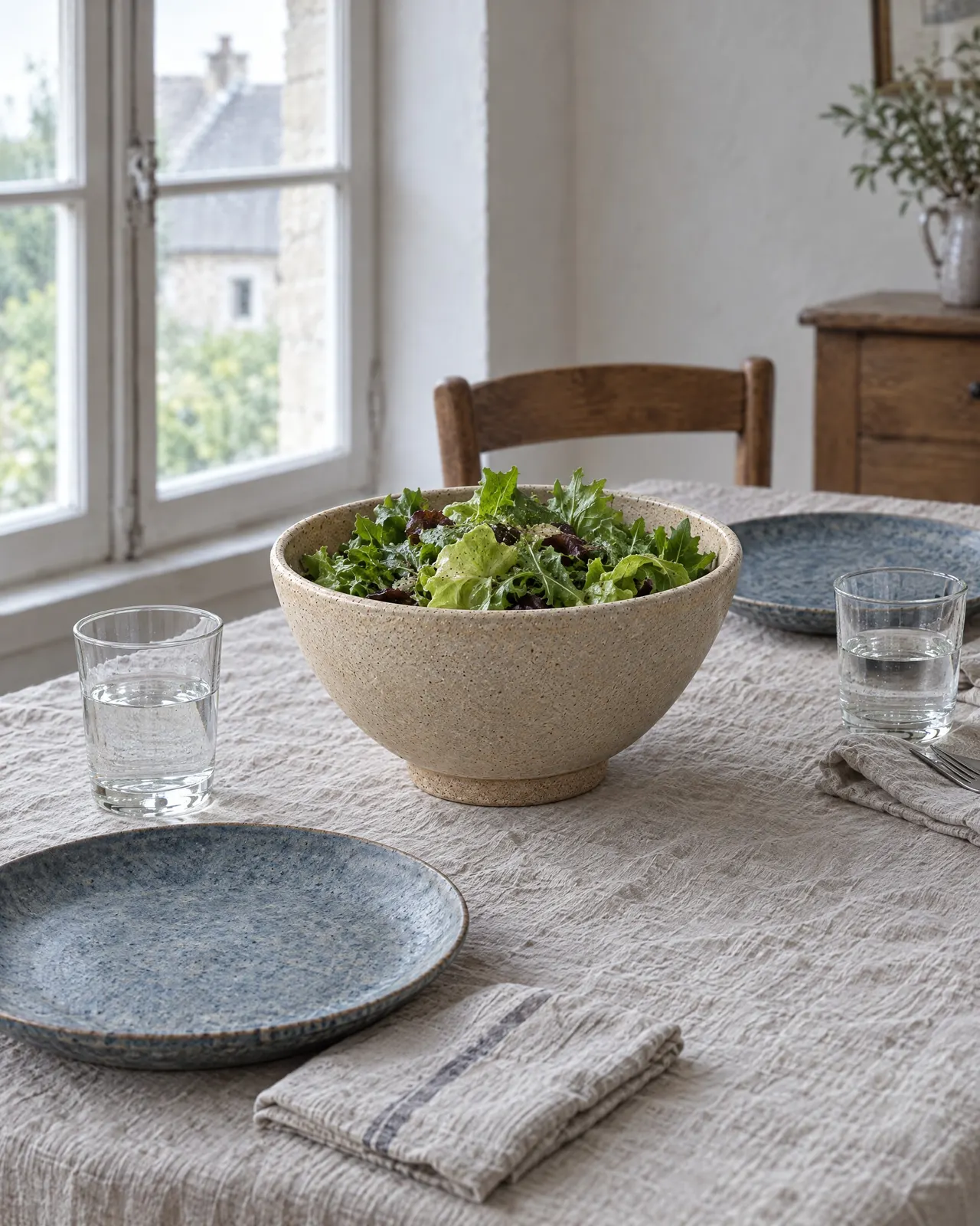 Saladier en grès sable rempli de salade verte sur une nappe en lin, entre assiettes bleues et verres