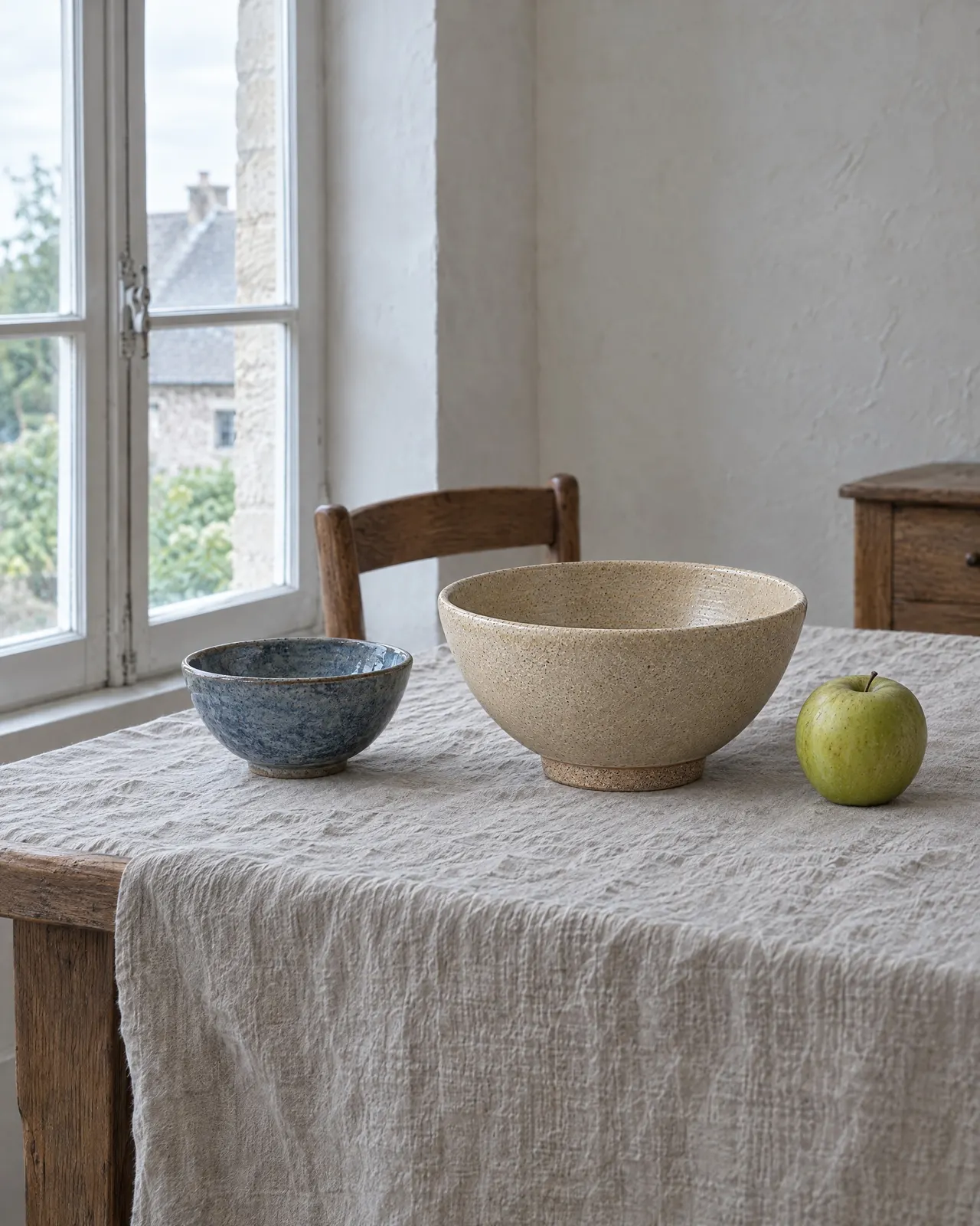 Saladier en grès sable posé sur une nappe en lin entre un bol bleu et une pomme verte