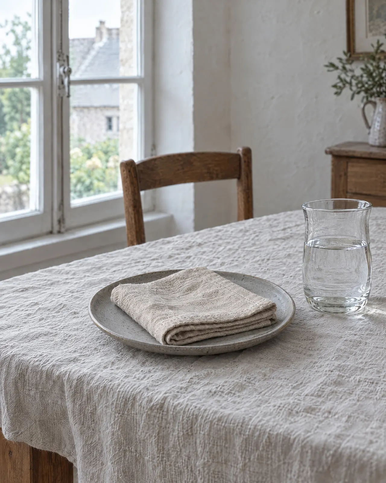 Serviette en lin posée sur une assiette en grès, table dressée près d'une fenêtre