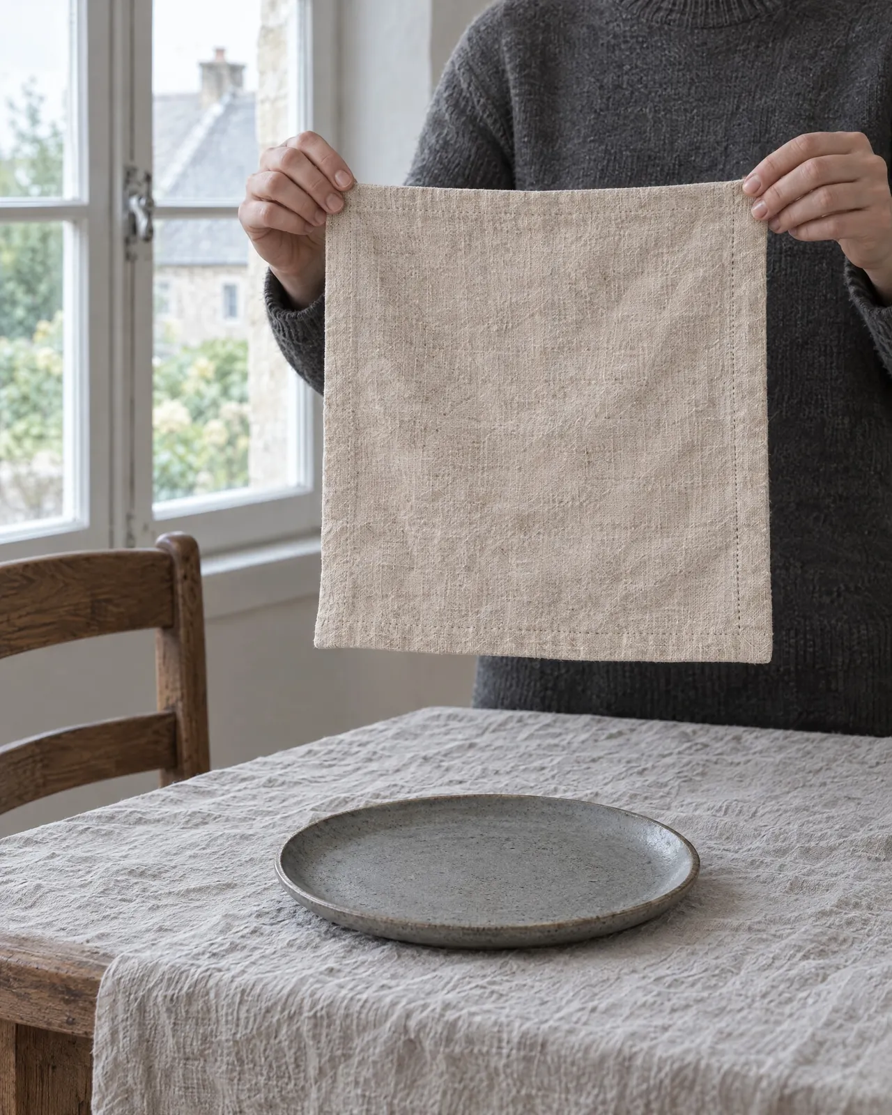 Serviette en lin tenue dépliée à deux mains au-dessus d'une table nappée, une assiette en grès dessous