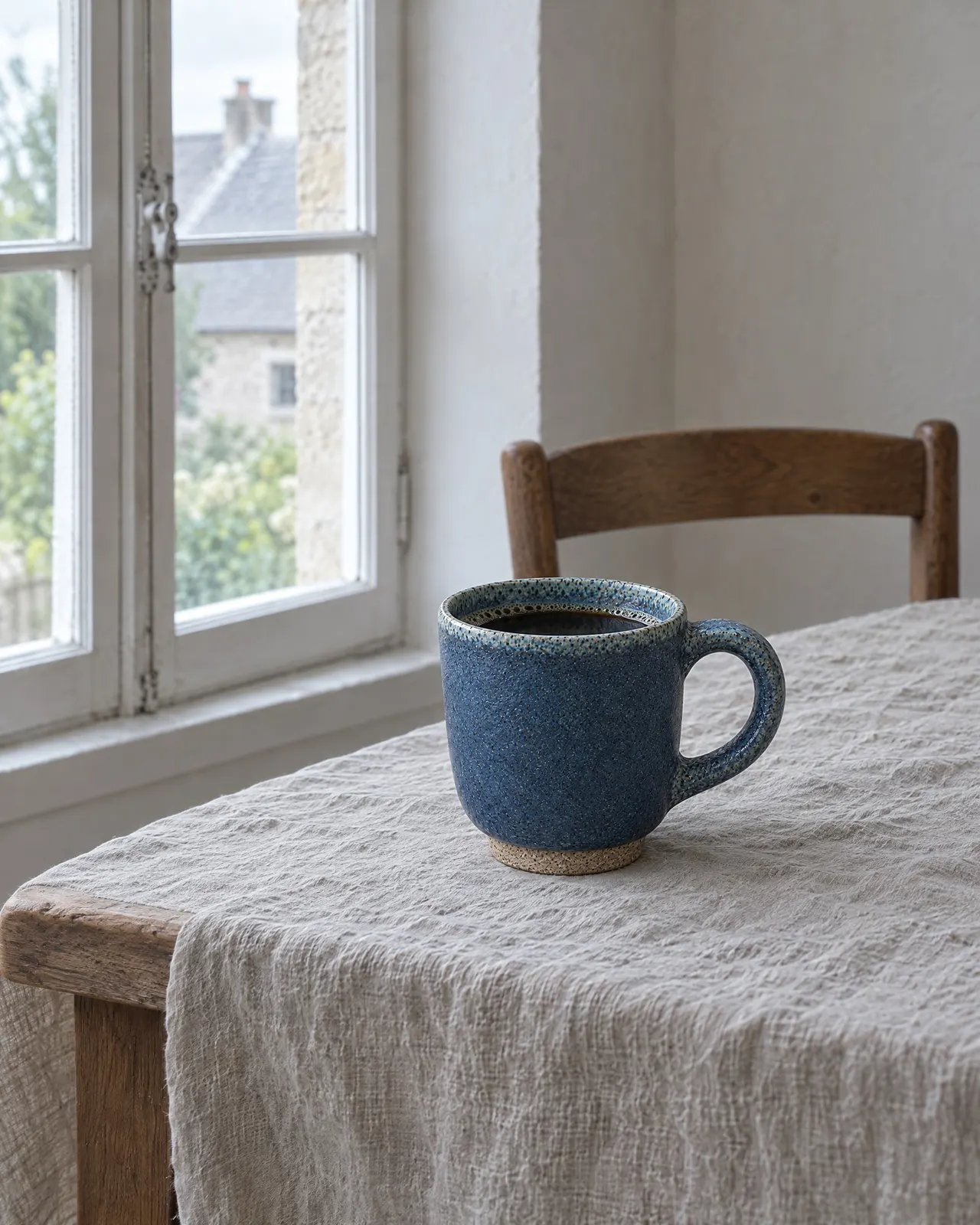 Tasse en grès bleu remplie de café posée sur une nappe en lin près d'une fenêtre