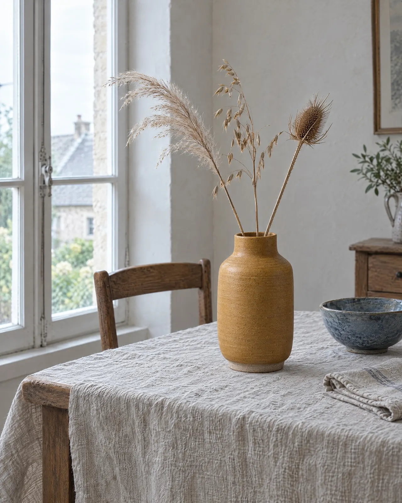 Vase en grès ocre garni de trois tiges séchées, posé sur une nappe en lin près de la fenêtre