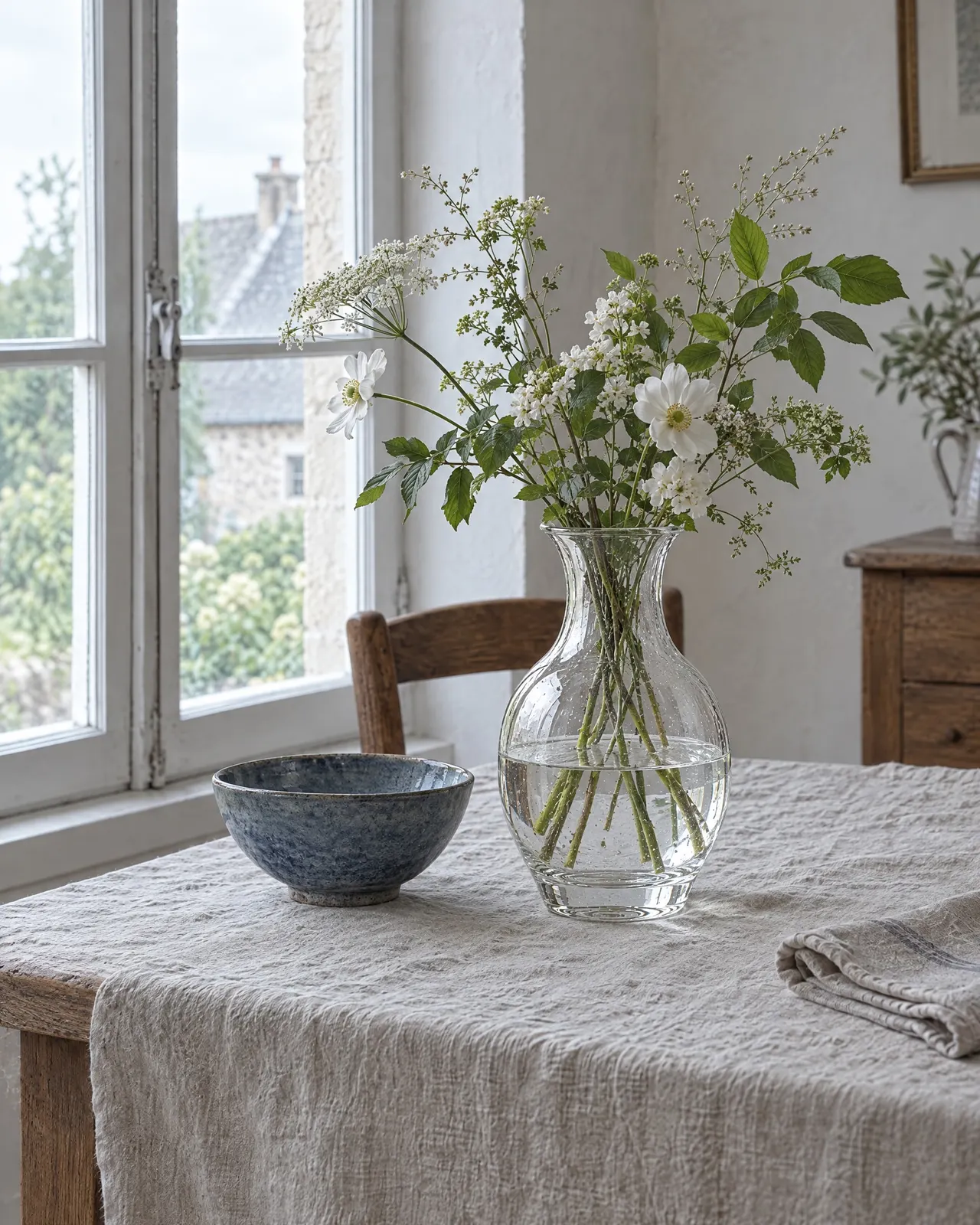 Vase en verre soufflé garni de fleurs des champs, posé sur une nappe en lin près d'un bol bleu