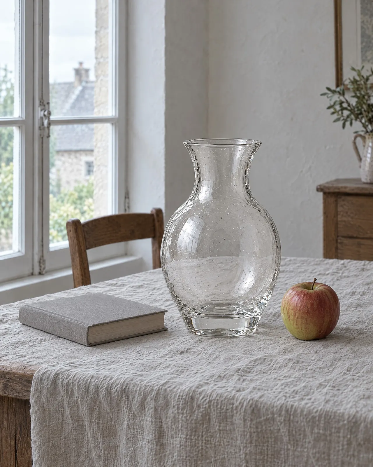 Vase en verre soufflé posé sur une nappe en lin entre un livre fermé et une pomme rouge