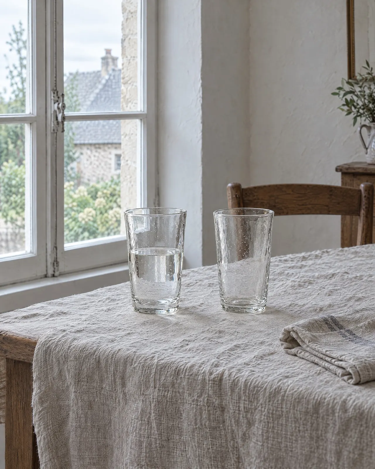 Deux verres à eau soufflés, l'un rempli d'eau, posés sur une nappe en lin près d'une fenêtre