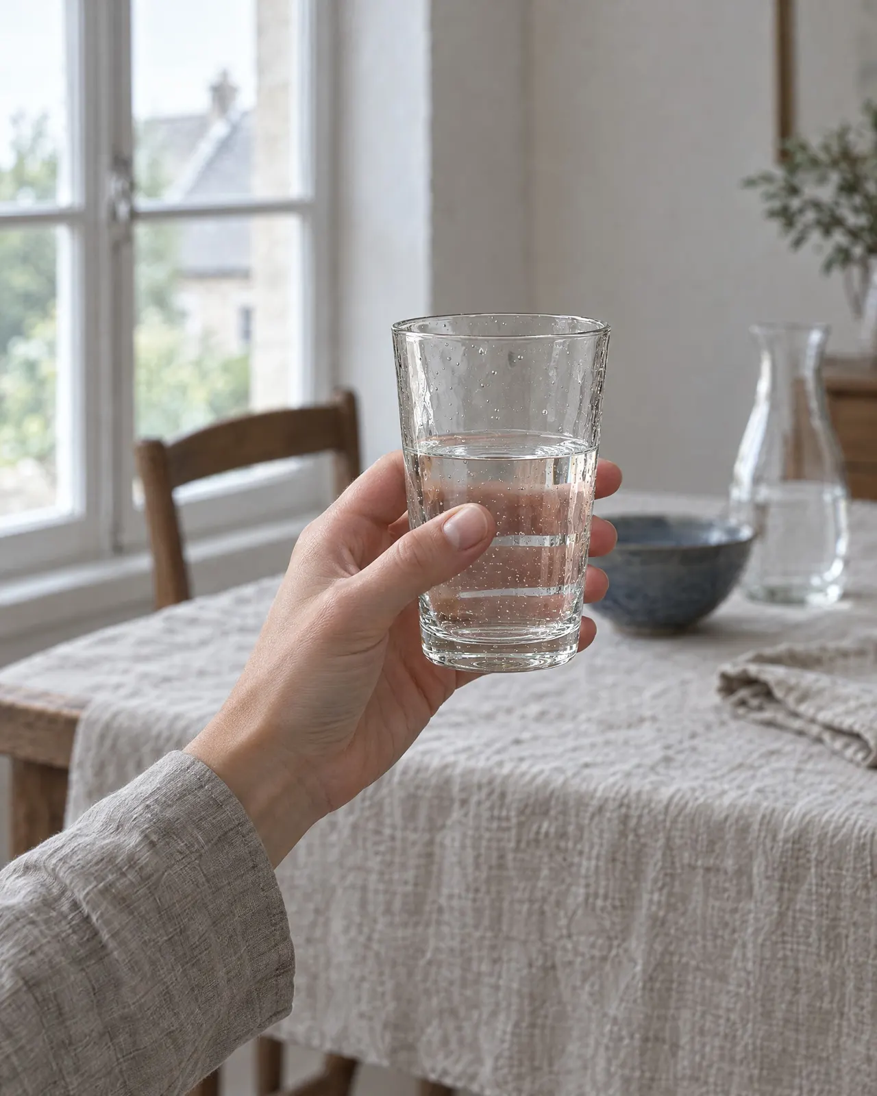 Verre à eau soufflé tenu dans une main devant une table dressée