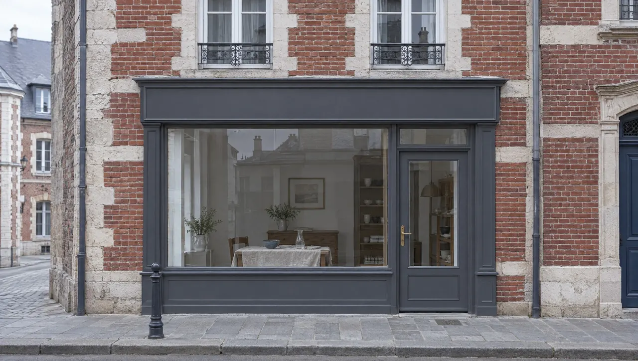 Façade en brique et pierre de la boutique, rue des Trois-Cailloux, devanture grise et vitrine ouverte sur la table centrale